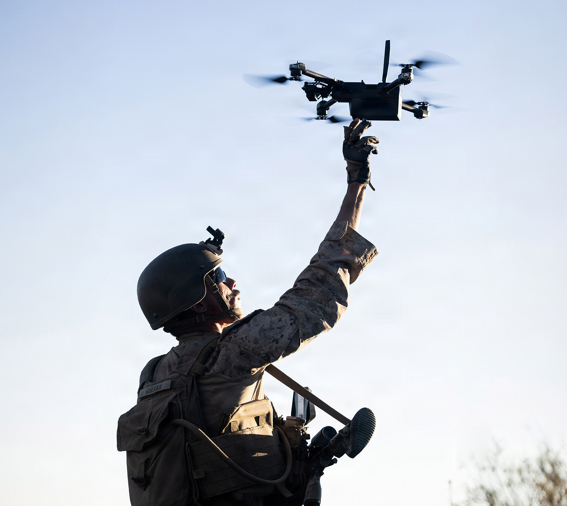 Soldier releasing a drone