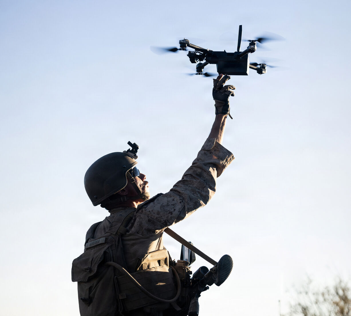 Soldier releasing a drone
